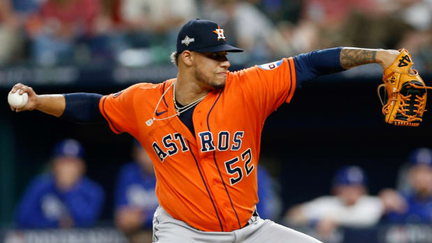 Astros pitcher Bryan Abreu throws at the mound during the ALCS.